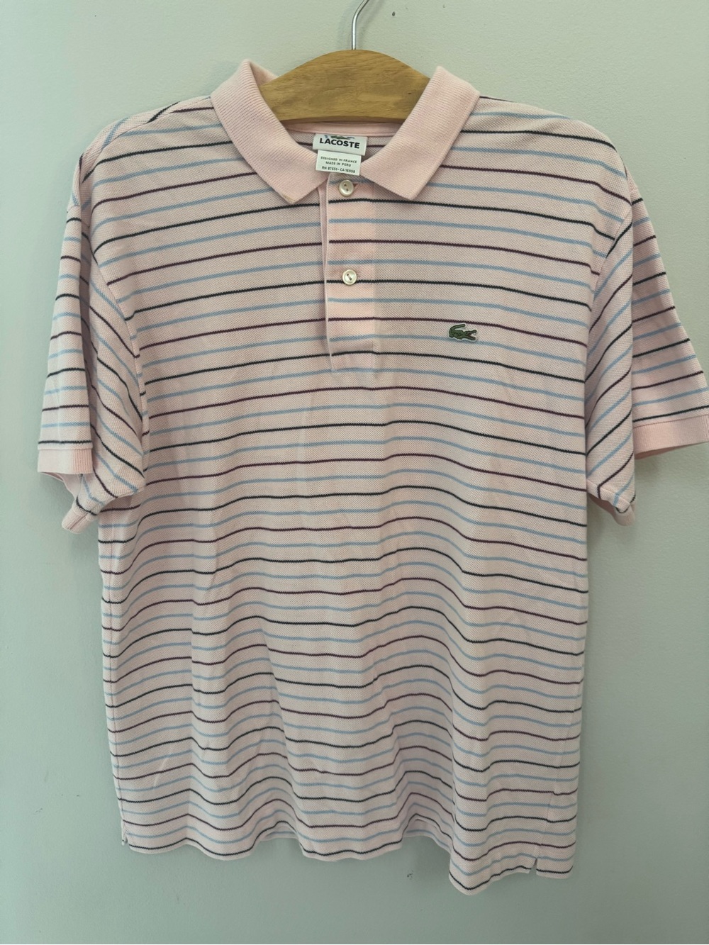Lacoste Men’s Light Pink Polo with Navy & White Stripes Size 5